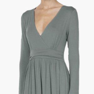 Women's Long Sleeve V-Neck Wrap Waist Pockets Pleated Jersey Soft Maxi Dress